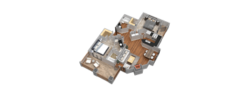 A 3D rendered image of a house layout with multiple rooms.