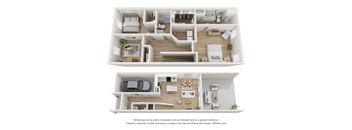 A 3D floor plan of a house with two bedrooms, a living room, a kitchen, a dining room, and a garage.