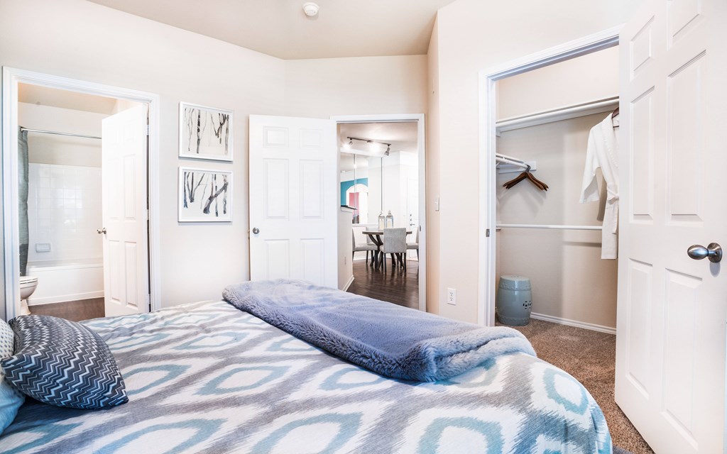 a bedroom with a bed and a closet