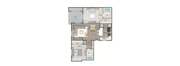 A floor plan of a house with a living room, kitchen, and two bathrooms.