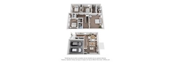 a stylized 3d floor plan of a house with a bedroom and a kitchen