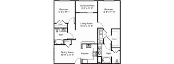 A black and white image of a floor plan for a home with a living room, dining room, kitchen, two bedrooms, a bath, and a sunroom/patio.
