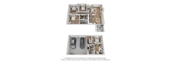 a stylized 3d floor plan of a house with a bedroom and living room