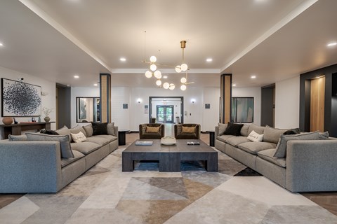 A modern living room with grey sofas and a coffee table.