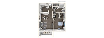 A 3D floor plan of a house with a kitchen, living room, and bedrooms.