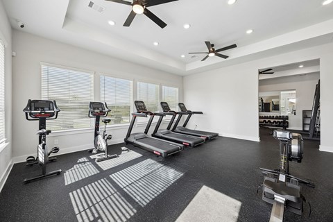 A spacious home gym with a variety of exercise equipment.