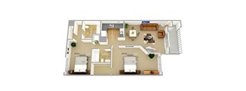 A 3D floor plan of a house with two bedrooms, a living room, a kitchen, and a bathroom.