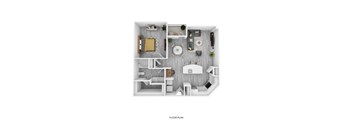 A floor plan of a small apartment with a living room, kitchen, and bedroom.