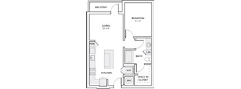 A floor plan of an apartment with a living room, kitchen, bathroom, and bedroom.