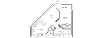 A black and white image of a house floor plan with a living room, bedroom, kitchen, bathroom, and walk-in closet.