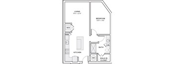 A drawing of a house layout with a living room, kitchen, bedroom, bathroom, and walk-in closet.