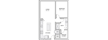 A floor plan of a small apartment with a living room, kitchen, bathroom, and bedroom.