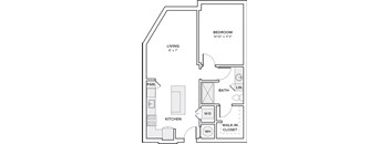 A black and white image of a floor plan for a small apartment.