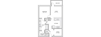 A floor plan of an apartment with a bedroom, living room, kitchen, and dining area.