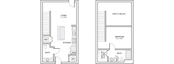 A floor plan of a one bedroom apartment with a living area, kitchen, bathroom and bedroom.