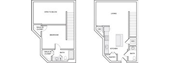 A floor plan of a two bedroom apartment with a living room, kitchen, pantry and bathroom.
