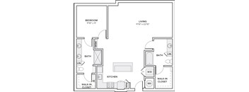 A black and white image of a floor plan for a small apartment.