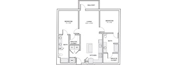 A black and white image of a floor plan for a home with two bedrooms, a living area, a bathroom, a kitchen, and a walk-in closet.