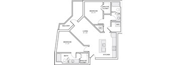 A black and white image of a house floor plan with a balcony, two bedrooms, a living room, a kitchen, and two bathrooms.