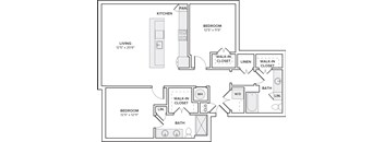A floor plan of a home with a living room, kitchen, and two bedrooms.