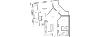 A black and white drawing of a house layout with two bedrooms, a living room, a kitchen, a bath, a walk-in closet, and a pan.