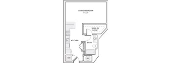 A floor plan of a small apartment with a living room, kitchen, bathroom, pantry, and walk-in closet.