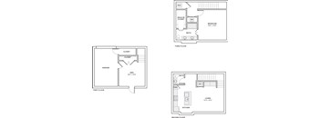 A set of four floor plans for a house with a first, second, and third floor.