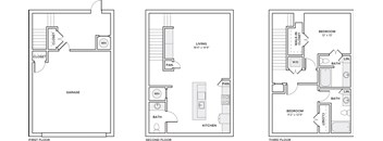 Three floor plans for a house with a first, second, and third floor.