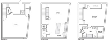 Three floor plan of a house with a garage, kitchen, living room and bedroom.