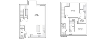 A floor plan of a two-story home with two bedrooms, two bathrooms, a living area, a kitchen, and a first floor closet.