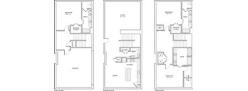 Three floor plans for a house with a garage, living room, and kitchen.