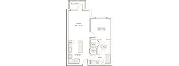 A floor plan of a small apartment with a living room, bedroom, kitchen, and bathroom.