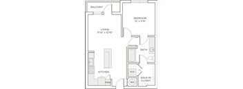 A floor plan of a small apartment with a living room, kitchen, bedroom, and bathroom.