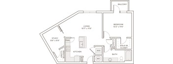 A floor plan of a house with a living room, kitchen, study, bedroom, bathroom, and balcony.