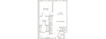 A floor plan of a small apartment with a bedroom, living room, kitchen/dining area, bathroom, and walk-in closet.