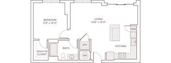 A floor plan of a small apartment with a bedroom, bathroom, kitchen, and living room.