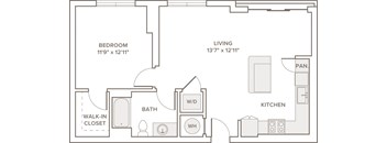 A floor plan of a small apartment with a bedroom, bathroom, kitchen, and living room.
