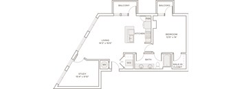 A floor plan of a home with a living room, study, bedroom, bathroom, kitchen, and two balconies.