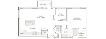 A floor plan of a home with a living room, kitchen, study, bedroom, bathroom, and walk-in closet.