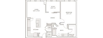 A floor plan of a small apartment with a living room, kitchen, dining room, and bathroom.