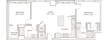 A floor plan of a home with three bedrooms, a living area, a kitchen, a bath, a walk-in closet, and a pan.