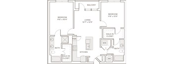 A floor plan of a two bedroom apartment with a living room, kitchen, and bathrooms.