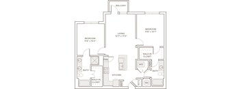A floor plan of a house with two bedrooms, a living room, a kitchen, a bath, and a balcony.