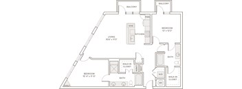 A floor plan of a home with two bedrooms, a living area, a kitchen, a bathroom, and a walk-in closet.