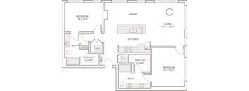 A floor plan of a small apartment with a bedroom, a living room, a dining area, a kitchen, and two bathrooms.