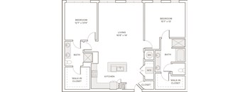 A floor plan of a home with two bedrooms, a living room, a kitchen, a bath, and a walk-in closet.