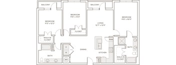 A floor plan of a two-story home with two bedrooms, a living room, a dining room, a kitchen, a bathroom, and a walk-in closet.