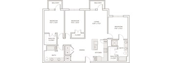A floor plan of a house with two bedrooms, a living room, a dining room, a kitchen, a bathroom, and a walk-in closet.