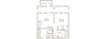 A black and white image of a floor plan for a small apartment.