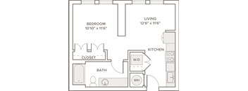 A floor plan of a small apartment with a bedroom, bathroom, kitchen, and living room.